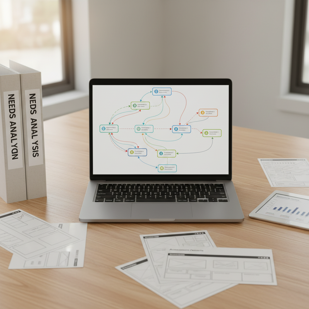 A close-up of a sleek laptop on a pale oak table, its screen filled with a branching scenario map for an immersive training simulation: colored nodes, decision points, and feedback paths neatly organized. Surrounding the laptop are printed wireframes of course screens, a tablet displaying assessment results, and a neatly stacked set of binders labeled “Needs Analysis” and “Evaluation Plan.” Diffused afternoon light from an unseen window washes the scene in soft brightness, minimizing harsh shadows. Photographic realism, shot from a slightly elevated angle with sharp focus, conveying purposeful organization, strategic thinking, and measurable impact in a clean, modern workspace.