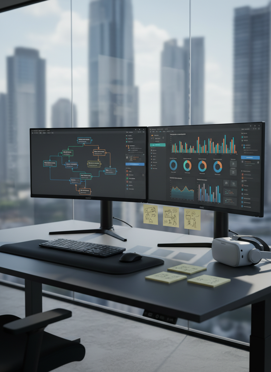 An ultra-modern dual-monitor workstation displaying a complex instructional design dashboard, with flowcharts, interactive modules, and analytics graphs arranged in clean, vivid interfaces. The monitors sit on a matte black sit-stand desk with a slim wireless keyboard, sticky notes with neatly sketched storyboards, and a VR headset resting beside them. The space is a quiet, glass-walled office with a blurred cityscape beyond. Soft, cool daylight from a large side window creates subtle reflections on the screens and casts gentle shadows across the desk. Photographic realism, shot at eye level with a shallow depth of field, emphasizing focus, clarity, and professional precision in a calm, efficient atmosphere.